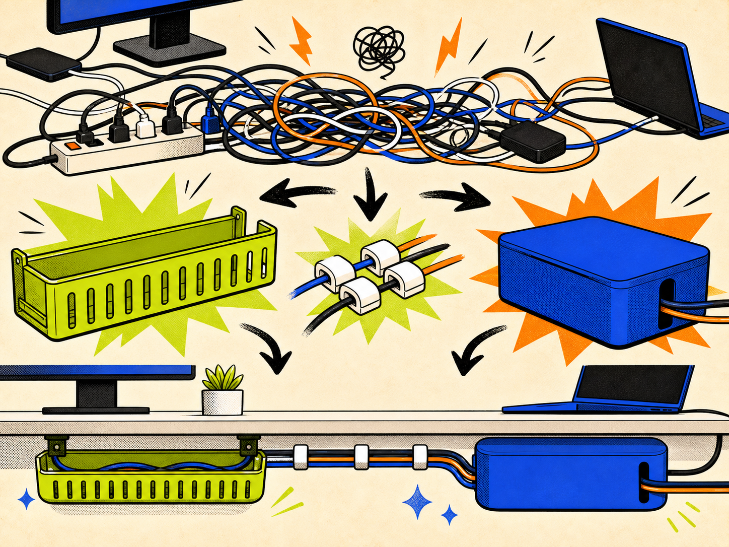 Illustration of a desk cable tangle with a tray, clips, and cable box