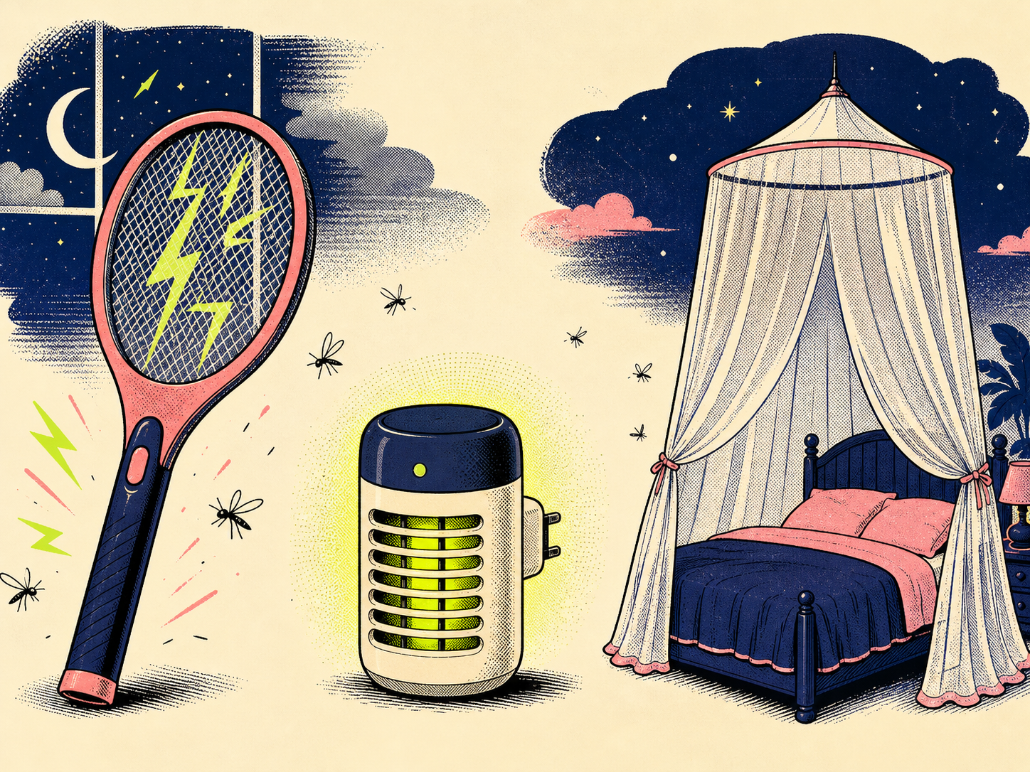 Illustration of a bug racket, plug-in trap, and mosquito canopy at night